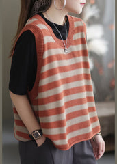 Organic Orange O-Neck Striped Knit Tank Tops Sleeveless GK-VTP220127