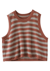 Organic Orange O-Neck Striped Knit Tank Tops Sleeveless GK-VTP220127