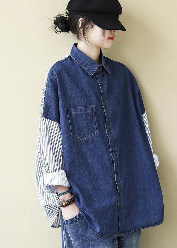 Organic Patchwork Shirts Women Denim Blue Tops LTP210211