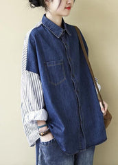 Organic Patchwork Shirts Women Denim Blue Tops LTP210211