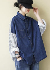 Organic Patchwork Shirts Women Denim Blue Tops LTP210211