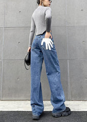 Organic Spring Wide Leg Pants Stylish Denim Blue Photography Hole High Waist Pants AT-LPTS210127