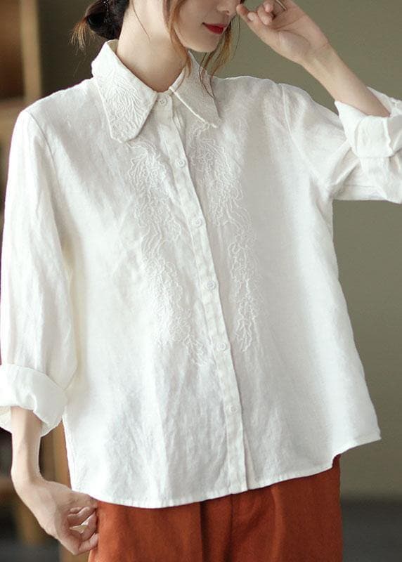 Organic White Loose Embroideried Fall Linen Long Sleeve Blouse Tops GK-LTP210810