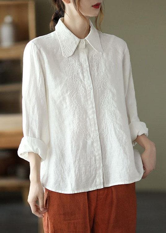 Organic White Loose Embroideried Fall Linen Long Sleeve Blouse Tops GK-LTP210810