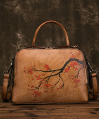 Organic Yellow Brown Floral Paitings Calf Leather Messenger Bag BGS220210