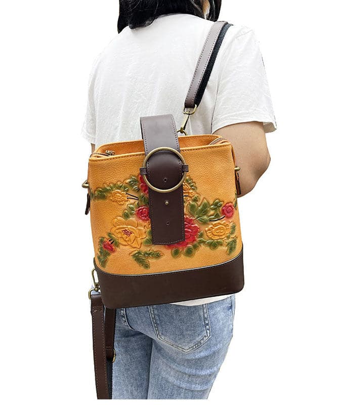 Organic Yellow Floral Paitings Calf Leather Messenger Bag BGS211230