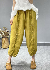 Organic Yellow Ruffled Pockets Linen Crop Pants Summer gk-CPTS220722