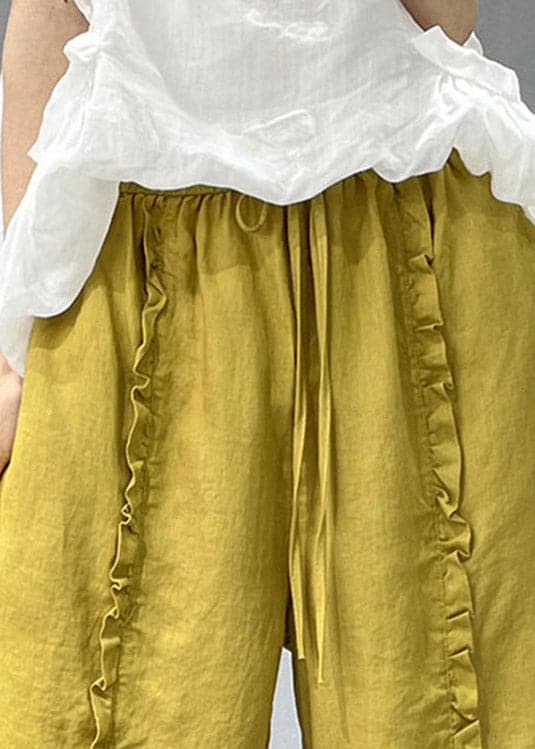 Organic Yellow Ruffled Pockets Linen Crop Pants Summer gk-CPTS220722