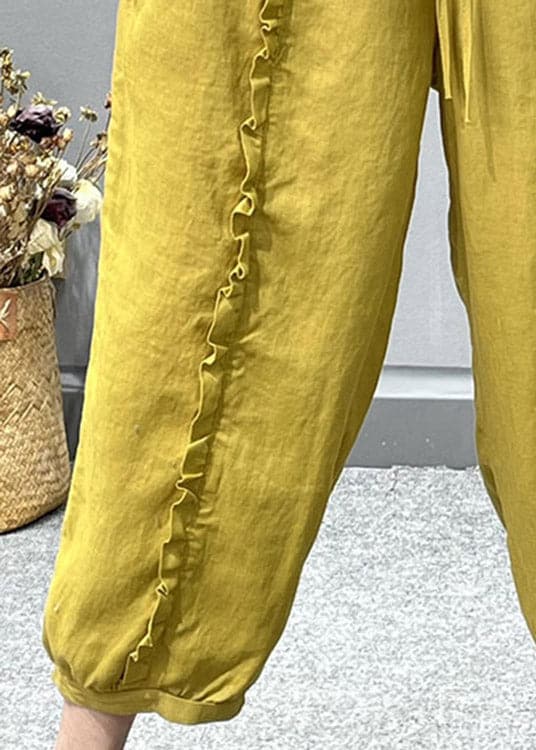 Organic Yellow Ruffled Pockets Linen Crop Pants Summer gk-CPTS220722