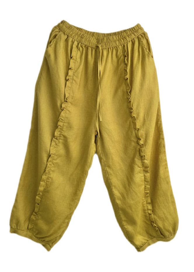 Organic Yellow Ruffled Pockets Linen Crop Pants Summer gk-CPTS220722