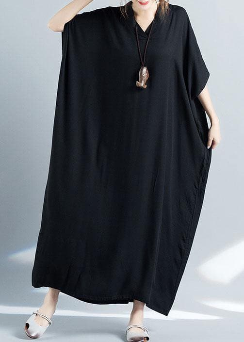 Organic black cotton quilting dresses v neck baggy long summer Dresses SDL200425