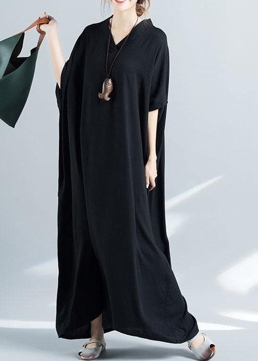 Organic black cotton quilting dresses v neck baggy long summer Dresses SDL200425