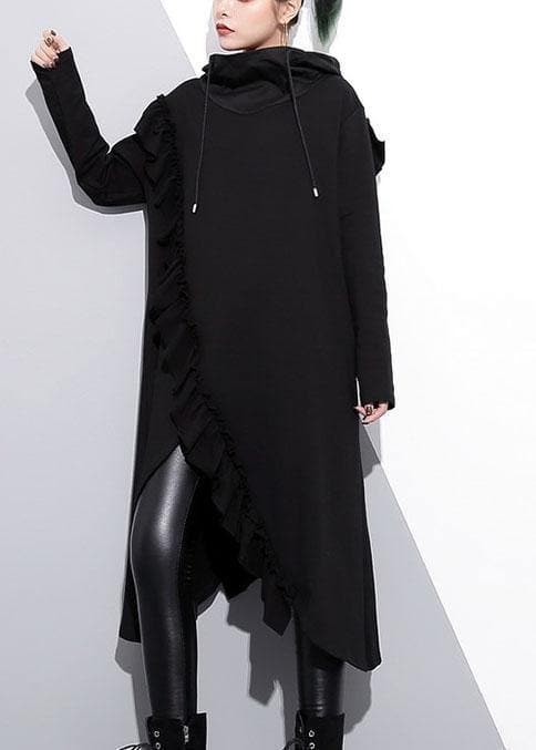 Organic black hooded cotton clothes ruffles long fall Dress AT-FDL190903