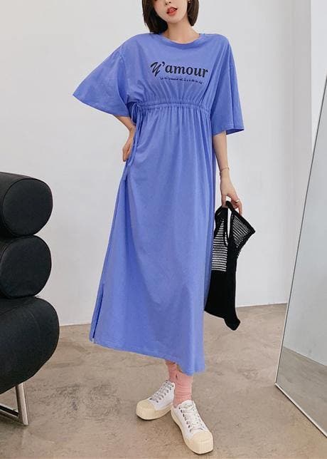 Organic blue Letter clothes For Women o neck Cinched Robe Dress AT-SDL200707