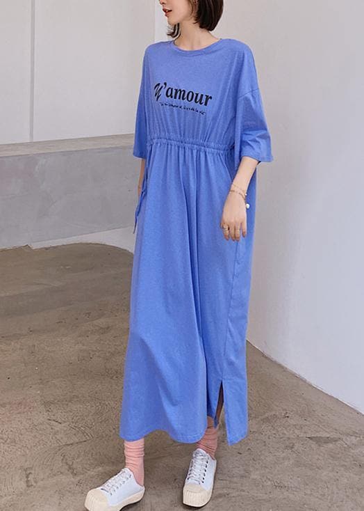 Organic blue Letter clothes For Women o neck Cinched Robe Dress AT-SDL200707