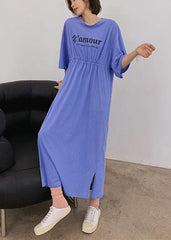 Organic blue Letter clothes For Women o neck Cinched Robe Dress AT-SDL200707