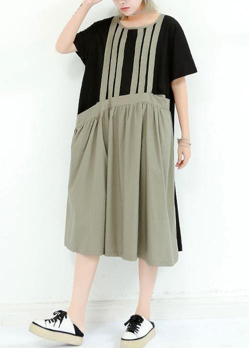 Organic gray green cotton dresses o neck patchwork cotton summer Dress AT-SDL190614