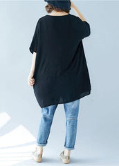 Organic o neck asymmetric linen summer Tunic Shirts black Dress STP200425