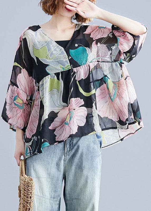 Organic print tops women o neck Petal Sleeve tunic blouse STP200425