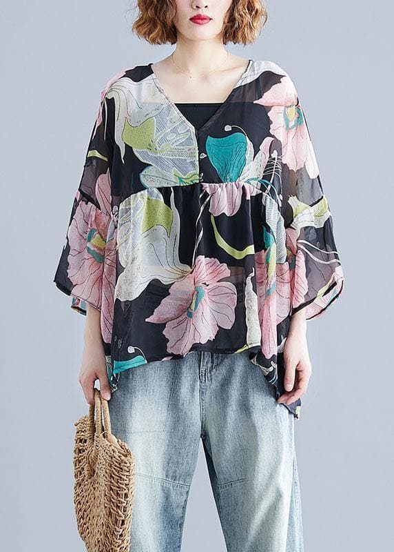 Organic print tops women o neck Petal Sleeve tunic blouse STP200425