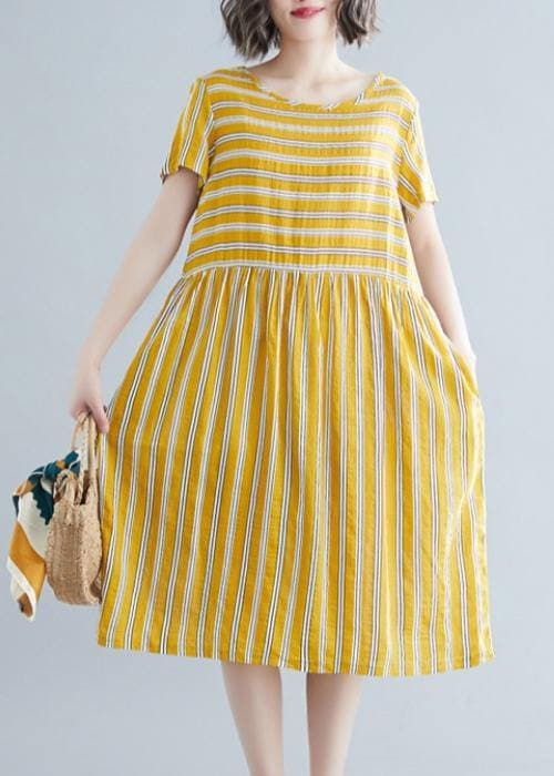 Organic yellow striped Cotton clothes o neck pockets tunic Dress SDM200325