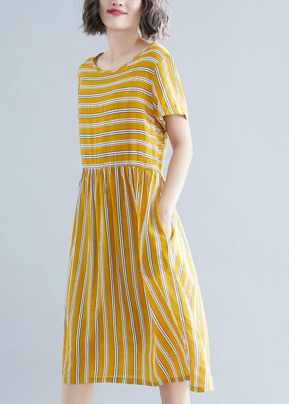 Organic yellow striped Cotton clothes o neck pockets tunic Dress SDM200325