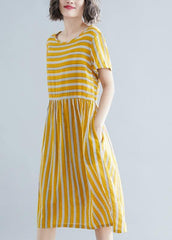 Organic yellow striped Cotton clothes o neck pockets tunic Dress SDM200325