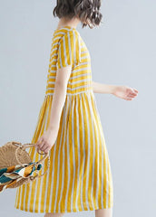 Organic yellow striped Cotton clothes o neck pockets tunic Dress SDM200325