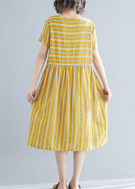 Organic yellow striped Cotton clothes o neck pockets tunic Dress SDM200325