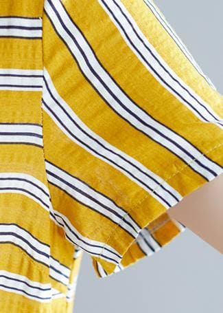 Organic yellow striped Cotton clothes o neck pockets tunic Dress SDM200325