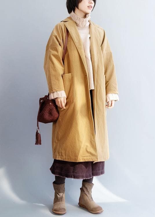 Organic yellow fine trench coat Sewing  big pockets women coats TCT191125