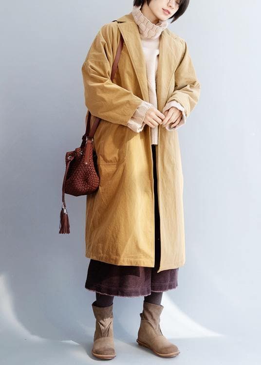 Organic yellow fine trench coat Sewing  big pockets women coats TCT191125