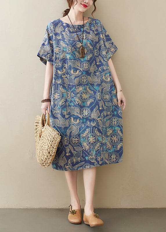 Original Design Blue O-Neck Print Cotton Loose Dress Short Sleeve GK-SDL220418