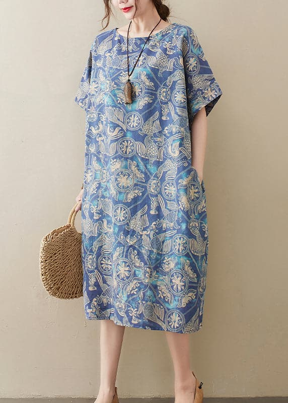 Original Design Blue O-Neck Print Cotton Loose Dress Short Sleeve GK-SDL220418