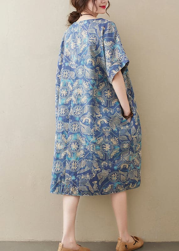 Original Design Blue O-Neck Print Cotton Loose Dress Short Sleeve GK-SDL220418