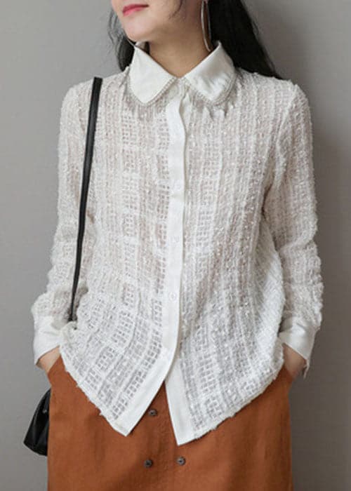 Original Design White Peter Pan Collar Plaid Tassel Cotton Shirts Long Sleeve GK-LTP220815