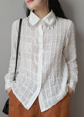 Original Design White Peter Pan Collar Plaid Tassel Cotton Shirts Long Sleeve GK-LTP220815