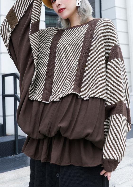 Oversized chocolate striped box top plus size clothing o neck ruffles patchwork knit sweat tops AT-NTP191023