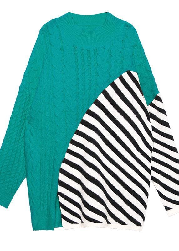 Oversized green patchwork striped knit sweat tops Loose fitting o neck Sweater Blouse AT-NTP191113