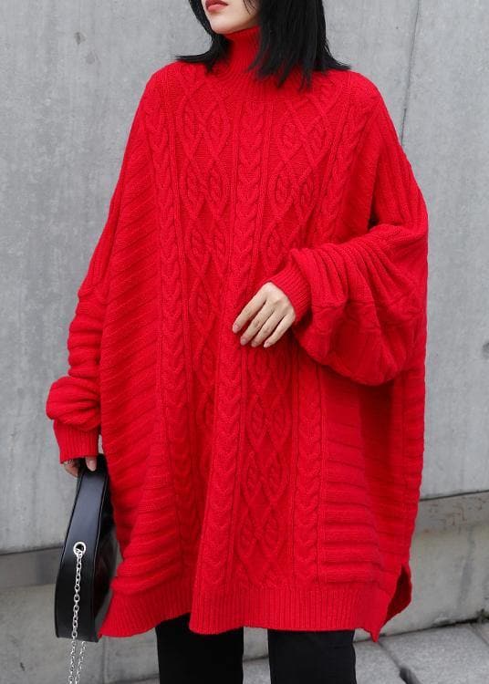 Oversized red Letter knitted t shirt high neck side open knitted blouse AT-NTP201217