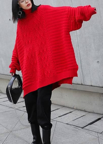 Oversized red Letter knitted t shirt high neck side open knitted blouse AT-NTP201217