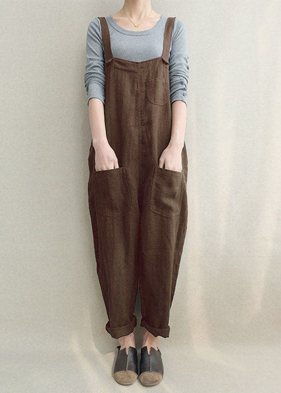 Chocolate Linen Jumpsuit Cute Cotton Overall dylinoshop