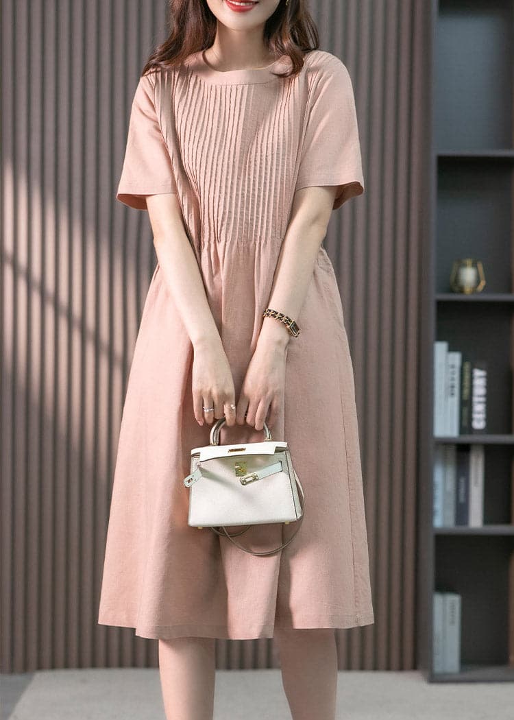 Pink O-Neck Pockets Linen Long Dress Short Sleeve gk-SDL220722