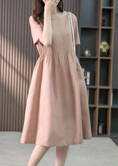 Pink O-Neck Pockets Linen Long Dress Short Sleeve gk-SDL220722