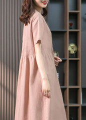 Pink O-Neck Pockets Linen Long Dress Short Sleeve gk-SDL220722