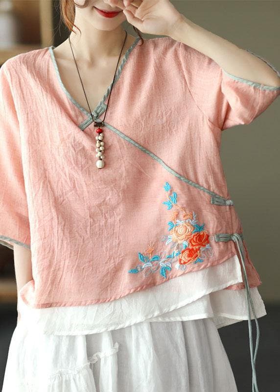 Pink V Neck Embroideried Summer Ramie Half Sleeve Tops GK-HTP210720