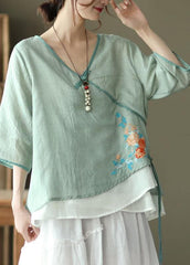 Pink V Neck Embroideried Summer Ramie Half Sleeve Tops GK-HTP210720