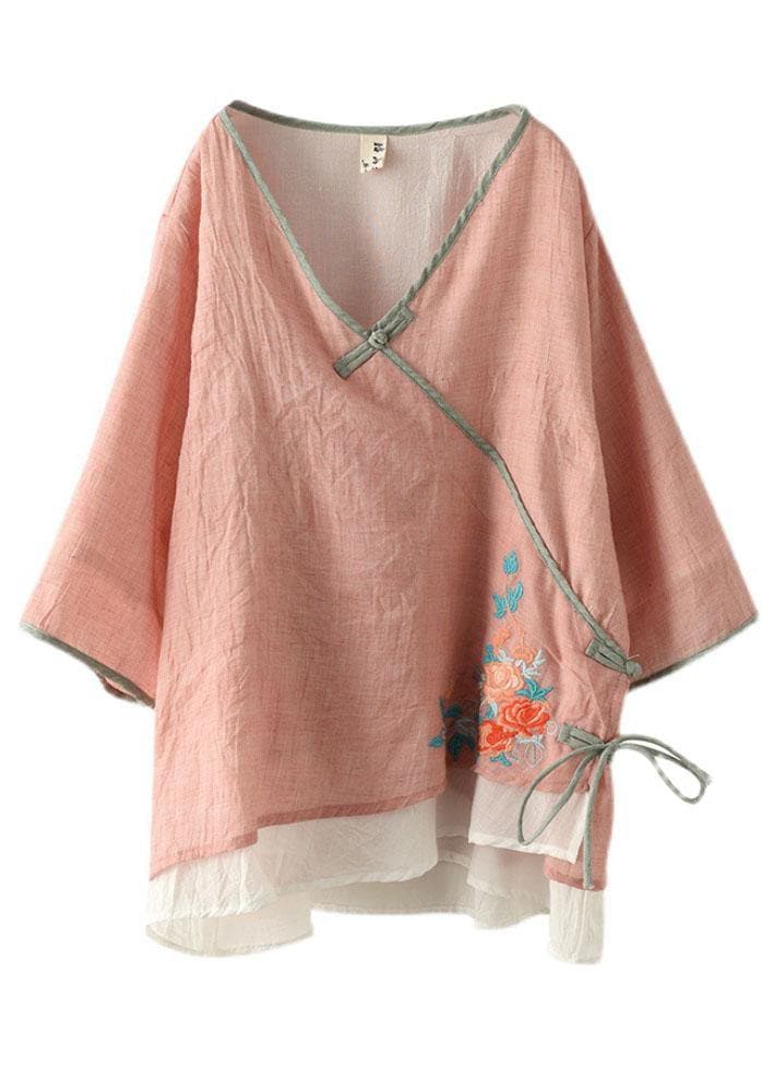 Pink V Neck Embroideried Summer Ramie Half Sleeve Tops GK-HTP210720