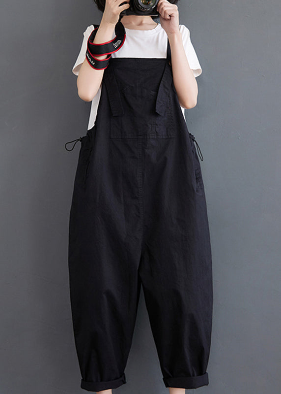 Plus Size Black Slash Neck Drawstring Button Pockets Jumpsuit Fall dylinoshop