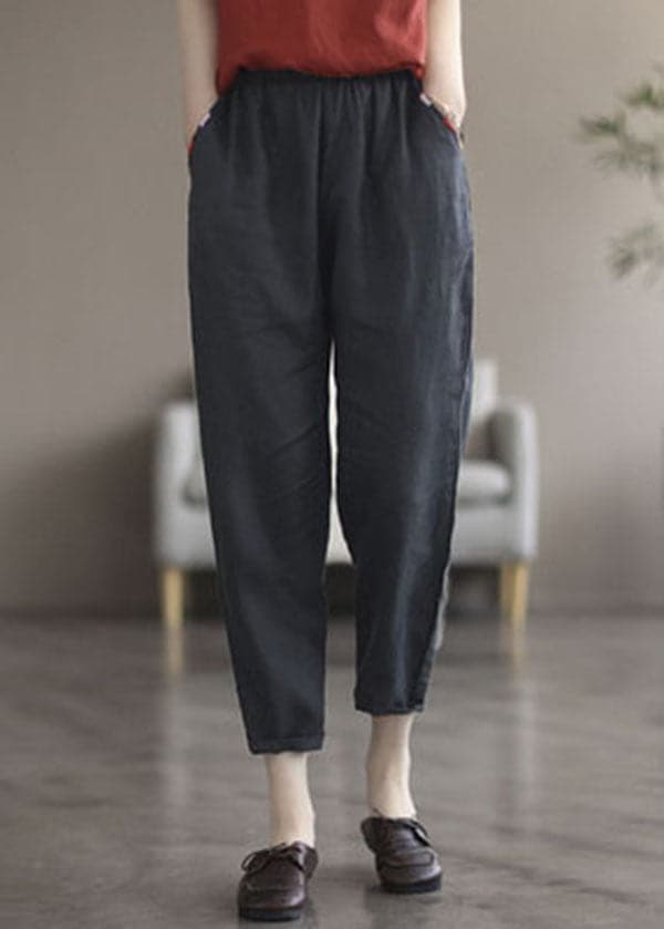 Plus Size Black Solid Pockets Linen Crop Pants Summer GK-CPTS220523